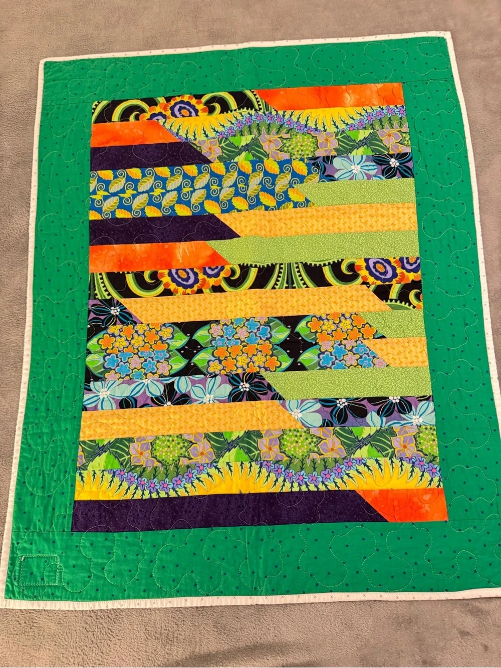 Handmade Bright Patchwork lap Quilt, wall hanging or bed accent. 29 x 37 inches.